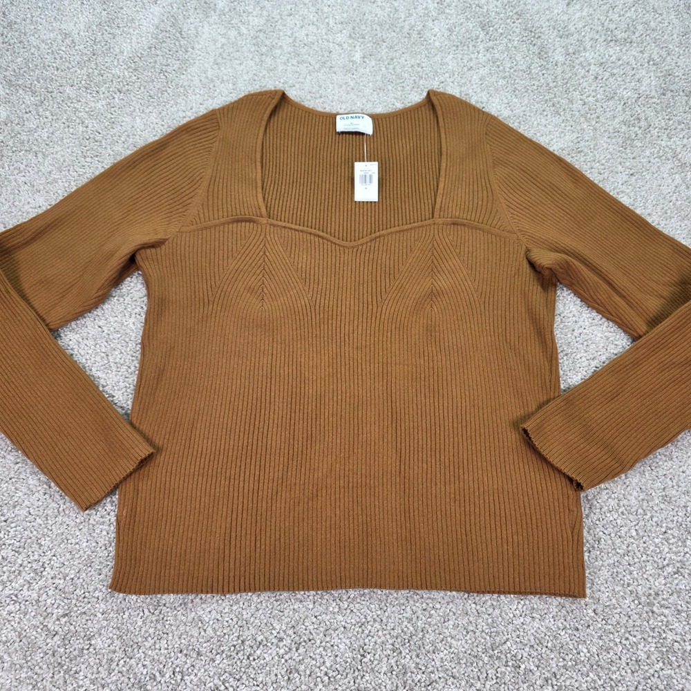 Old Navy Womens 2X Sweetheart Ribbed Knit Long Sleeve Sweater Camel Brown NWT